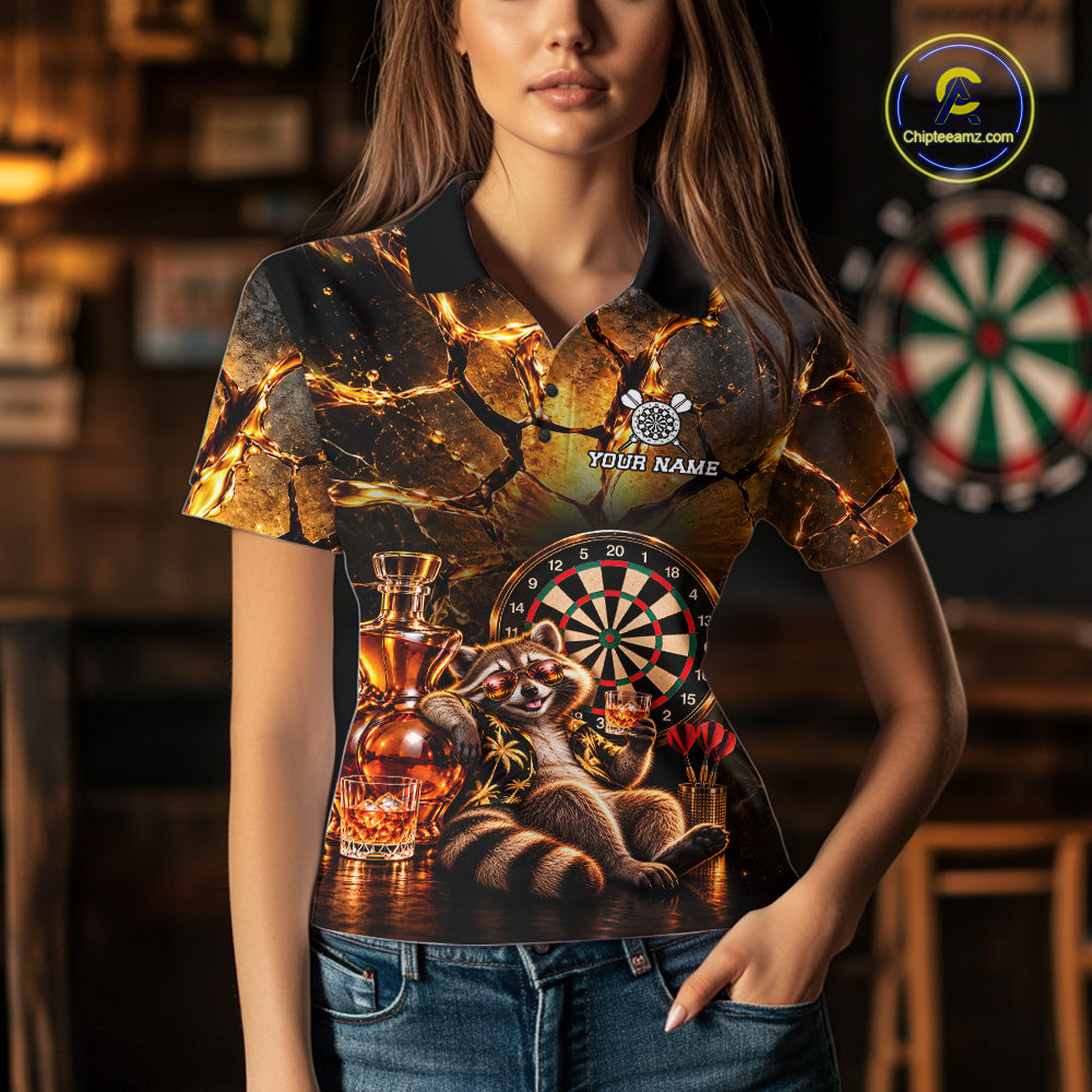 Custom Funny Darts Polo 1/4-Zip Shirt For Women Customized Drunk Whisky Raccoon Darts Team Jersey NYN4845