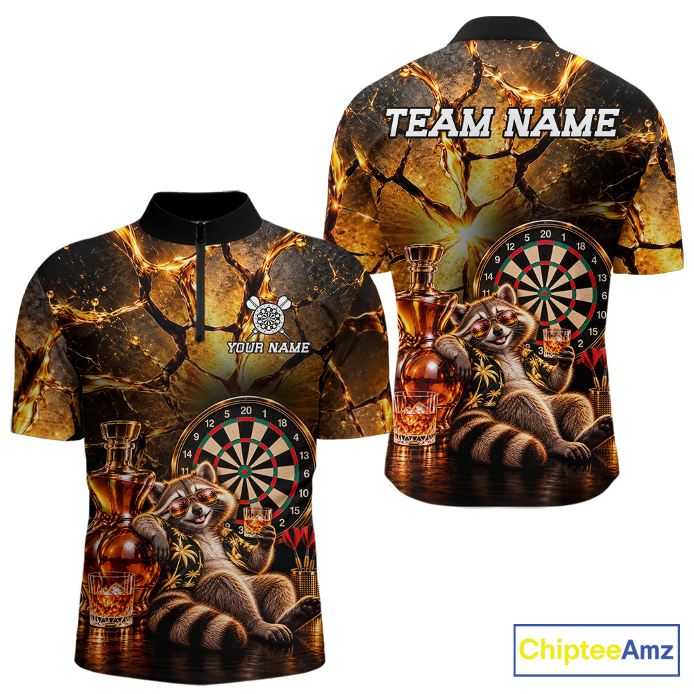 Custom Funny Darts Polo 1/4-Zip Shirt For Men Customized Drunk Whisky Raccoon Darts Team Jersey NYN4845