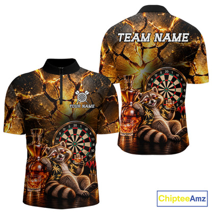 Custom Funny Darts Polo 1/4-Zip Shirt For Men Customized Drunk Whisky Raccoon Darts Team Jersey NYN4845
