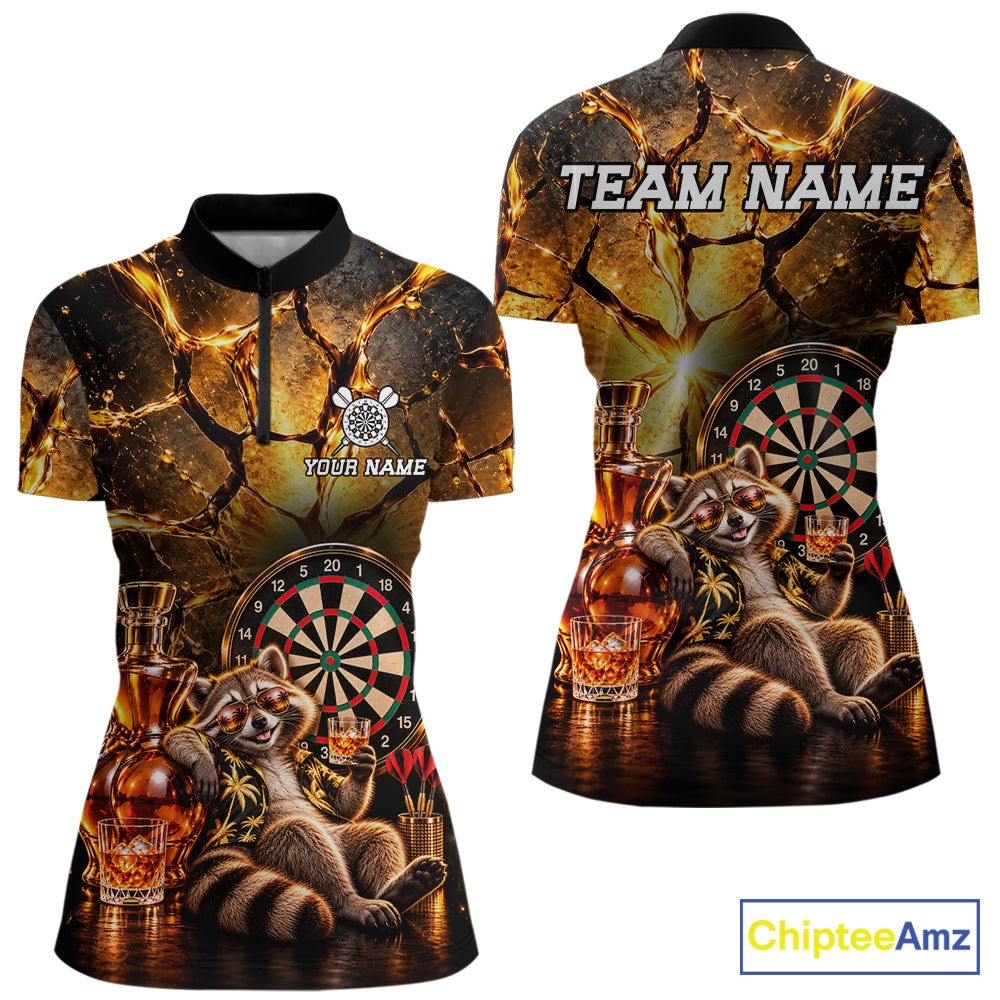 Custom Funny Darts Polo 1/4-Zip Shirt For Women Customized Drunk Whisky Raccoon Darts Team Jersey NYN4845