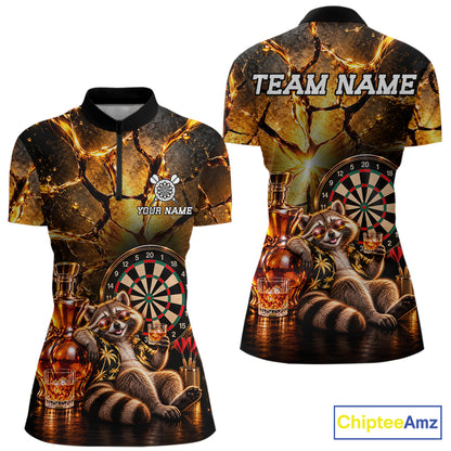 Custom Funny Darts Polo 1/4-Zip Shirt For Women Customized Drunk Whisky Raccoon Darts Team Jersey NYN4845