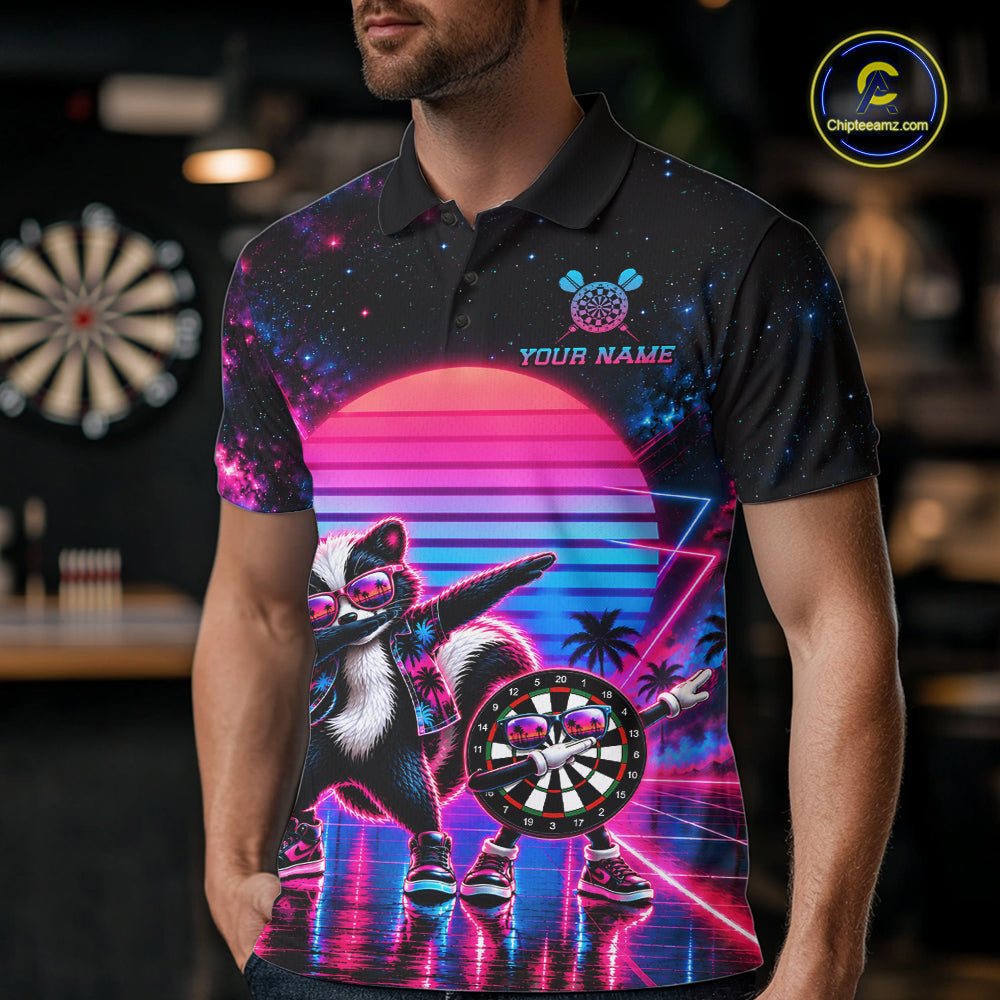 Funny Dabbing Skunk Darts Polo 1/4-Zip Shirt Personalized Men Darts Apparel Retro 80S Darts Team Jersey NYN4847