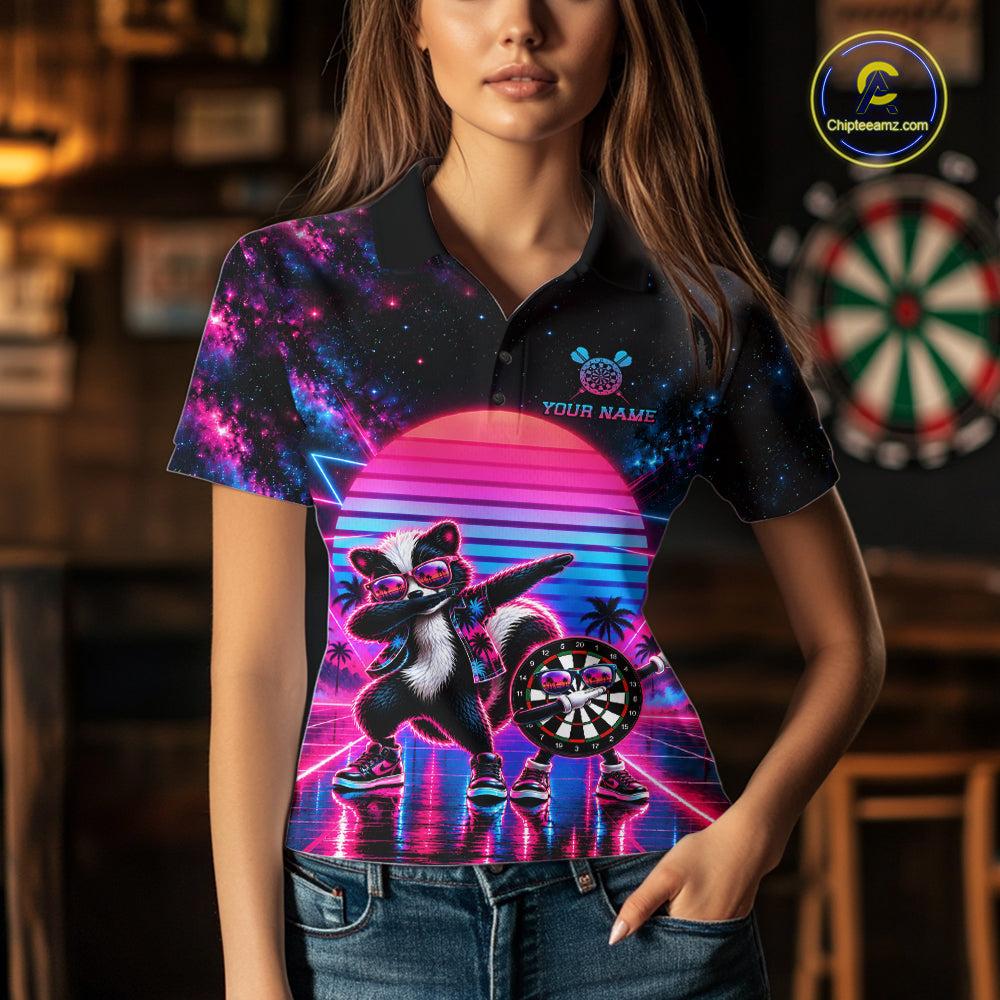 Funny Dabbing Skunk Darts Polo 1/4-Zip Shirt Personalized Women Darts Apparel Retro 80S Darts Team Jersey NYN4847