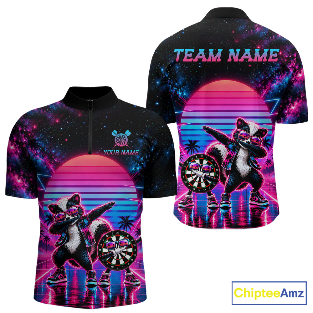 Funny Dabbing Skunk Darts Polo 1/4-Zip Shirt Personalized Men Darts Apparel Retro 80S Darts Team Jersey NYN4847