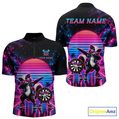 Funny Dabbing Skunk Darts Polo 1/4-Zip Shirt Personalized Men Darts Apparel Retro 80S Darts Team Jersey NYN4847