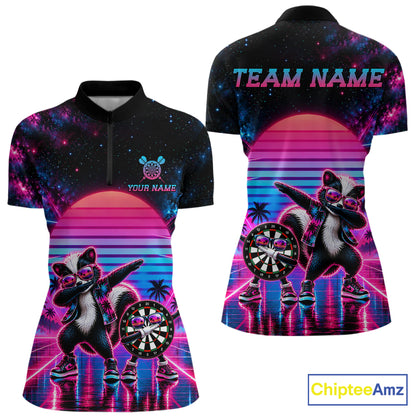 Funny Dabbing Skunk Darts Polo 1/4-Zip Shirt Personalized Women Darts Apparel Retro 80S Darts Team Jersey NYN4847