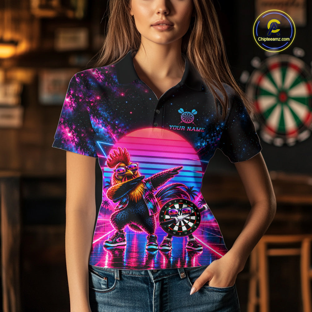 Funny Dabbing Rooster Darts Polo 1/4-Zip Shirt Personalized Women Darts Apparel Retro 80S Darts Team Jersey NYN4848