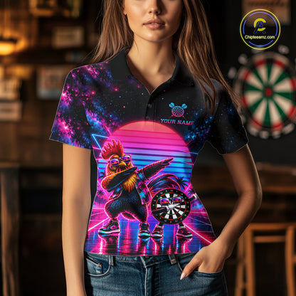 Funny Dabbing Rooster Darts Polo 1/4-Zip Shirt Personalized Women Darts Apparel Retro 80S Darts Team Jersey NYN4848