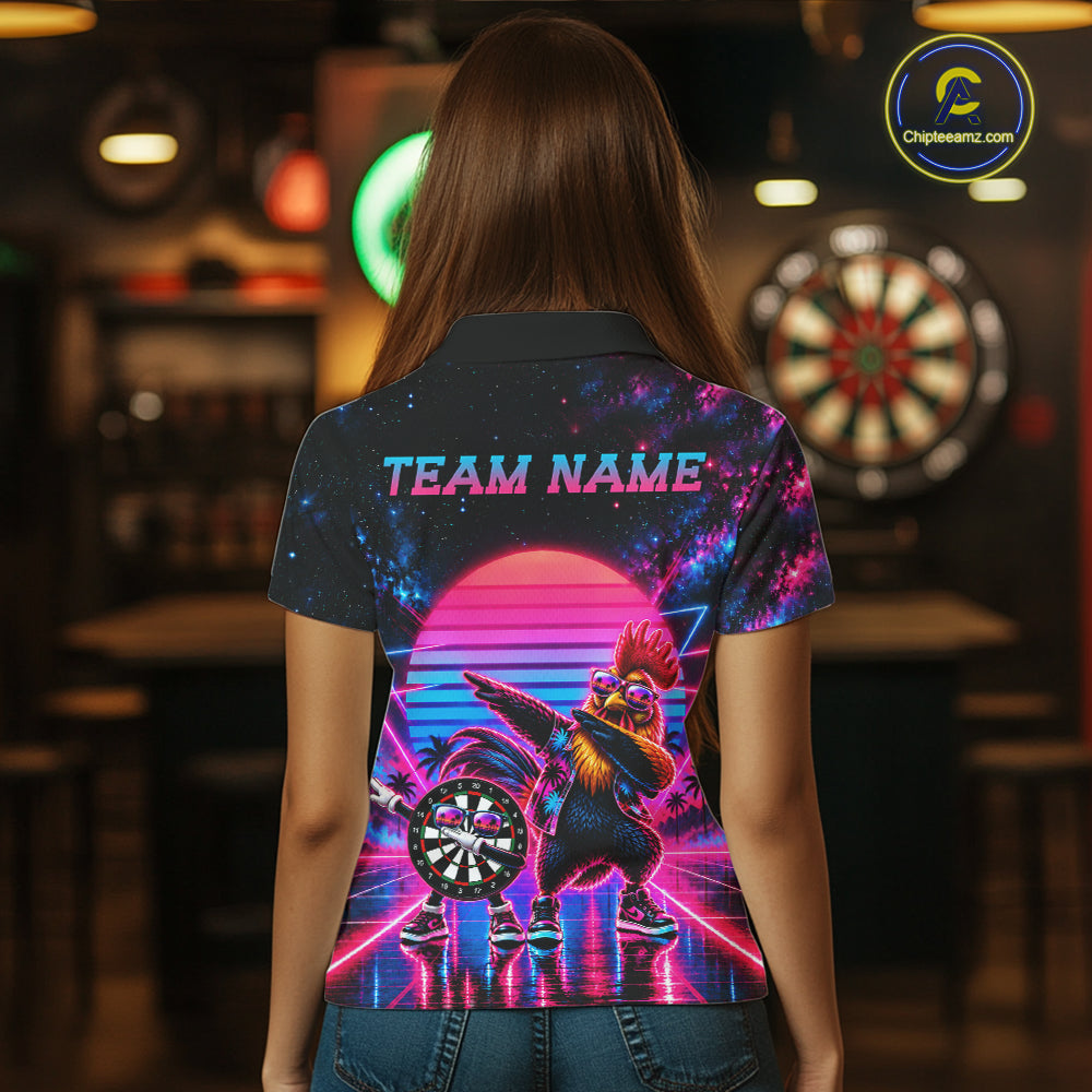 Funny Dabbing Rooster Darts Polo 1/4-Zip Shirt Personalized Women Darts Apparel Retro 80S Darts Team Jersey NYN4848