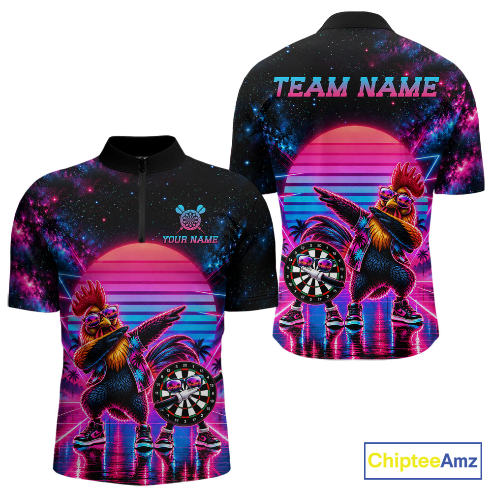 Funny Dabbing Rooster Darts Polo 1/4-Zip Shirt Personalized Men Darts Apparel Retro 80S Darts Team Jersey NYN4848