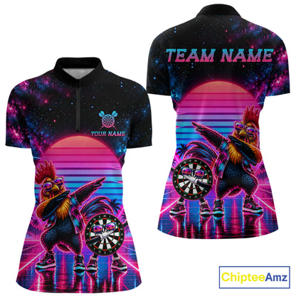 Funny Dabbing Rooster Darts Polo 1/4-Zip Shirt Personalized Women Darts Apparel Retro 80S Darts Team Jersey NYN4848
