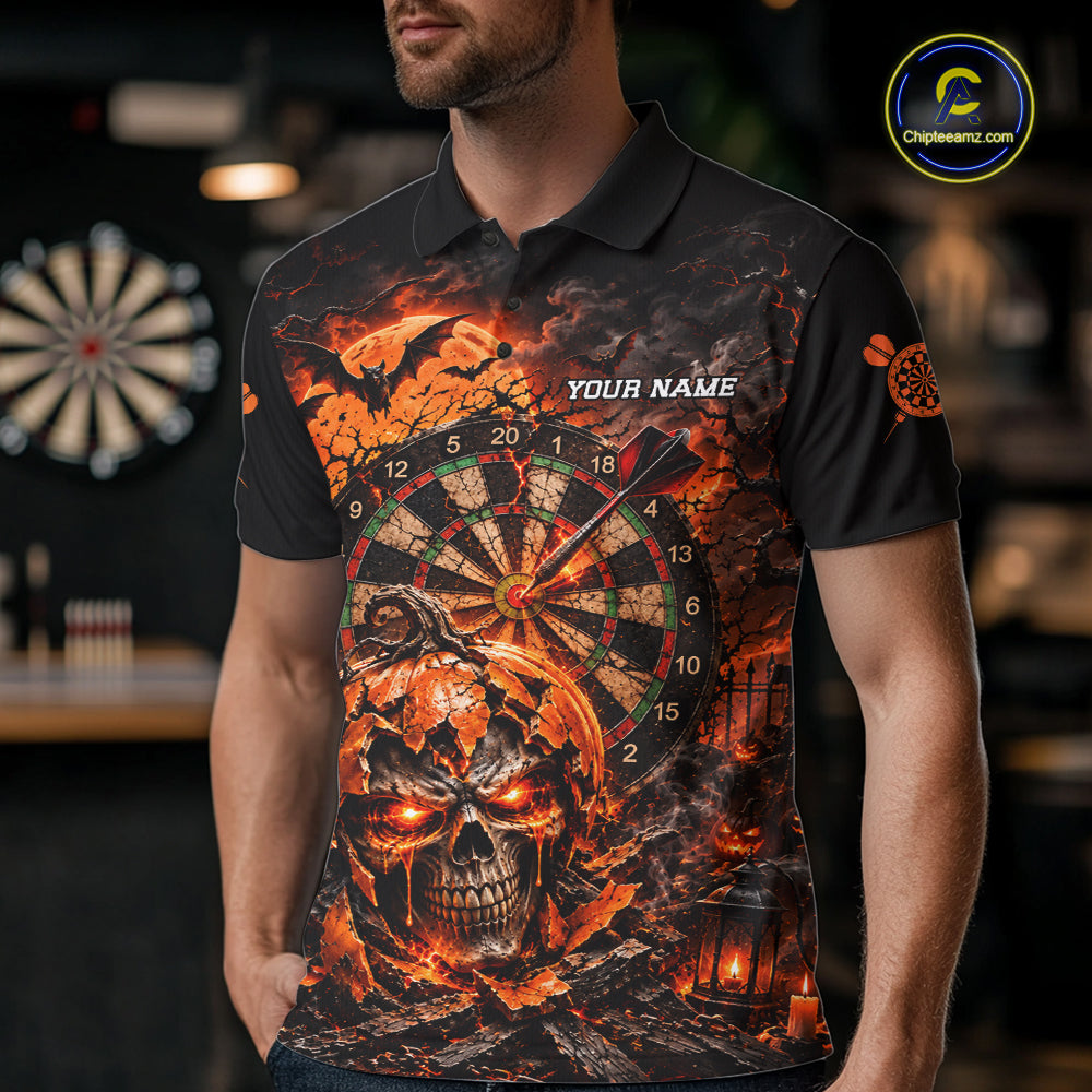 Custom Skull Pumpkin Darts Polo 1/4-Zip Shirt For Men Spooky Halloween Darts Tournament Jersey NYN4854