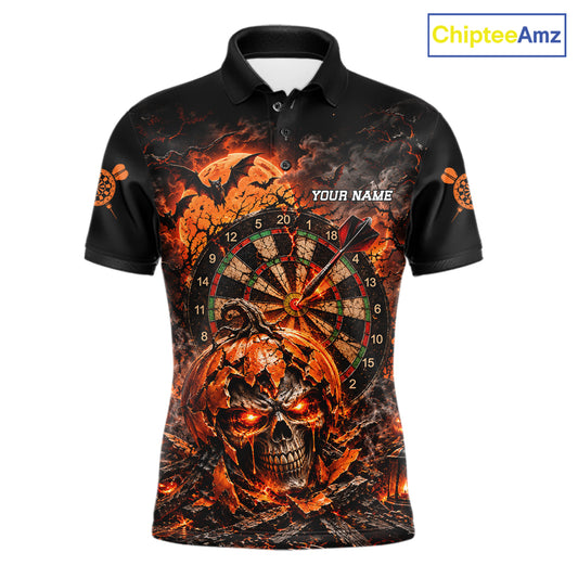 Custom Skull Pumpkin Darts Polo 1/4-Zip Shirt For Men Spooky Halloween Darts Tournament Jersey NYN4854