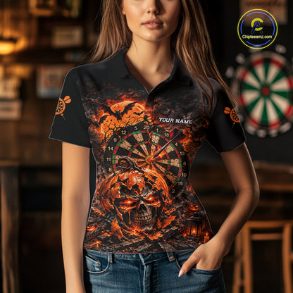 Custom Skull Pumpkin Darts Polo 1/4-Zip Shirt For Women Spooky Halloween Darts Tournament Jersey NYN4854