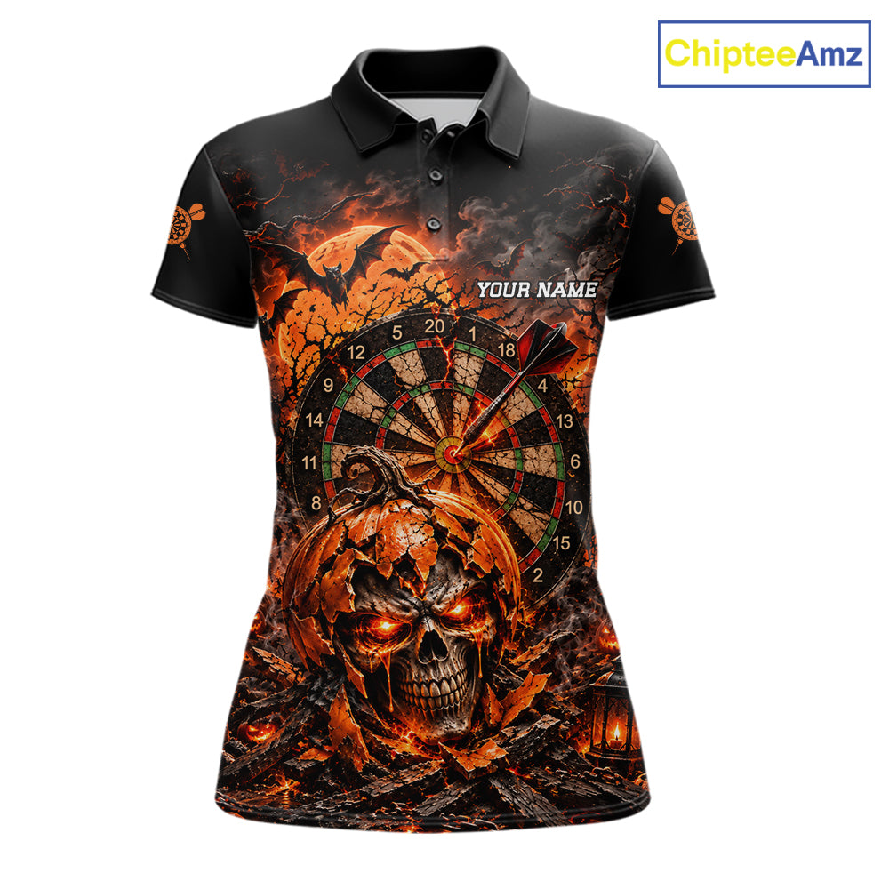 Custom Skull Pumpkin Darts Polo 1/4-Zip Shirt For Women Spooky Halloween Darts Tournament Jersey NYN4854