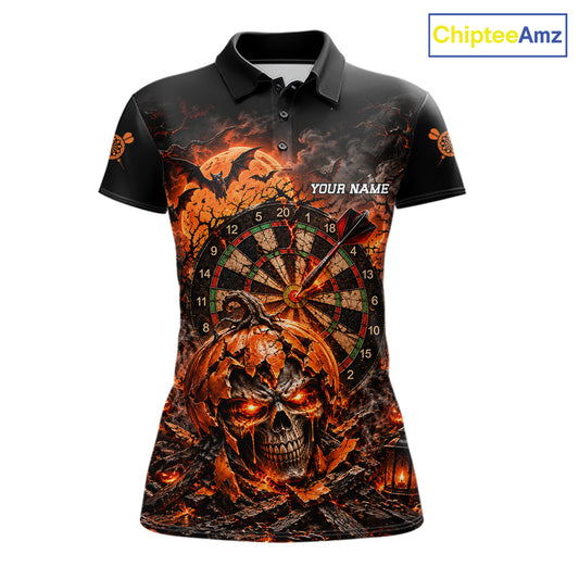 Custom Skull Pumpkin Darts Polo 1/4-Zip Shirt For Women Spooky Halloween Darts Tournament Jersey NYN4854