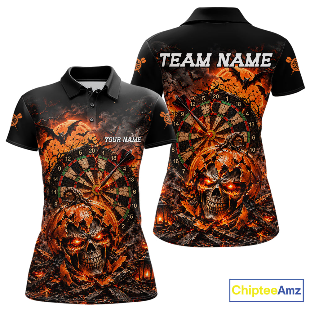 Custom Skull Pumpkin Darts Polo 1/4-Zip Shirt For Women Spooky Halloween Darts Tournament Jersey NYN4854