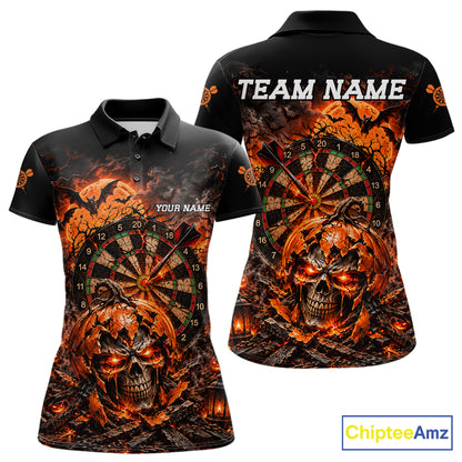 Custom Skull Pumpkin Darts Polo 1/4-Zip Shirt For Women Spooky Halloween Darts Tournament Jersey NYN4854