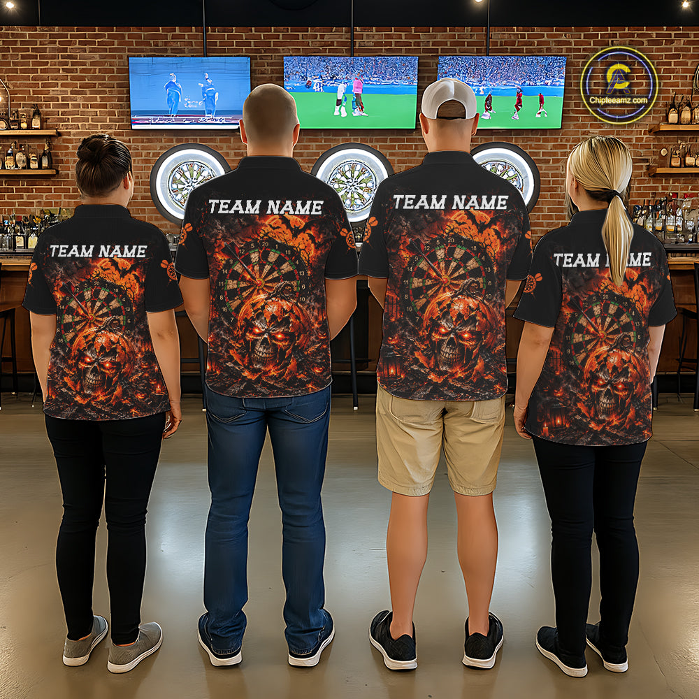 Custom Skull Pumpkin Darts Polo 1/4-Zip Shirt For Women Spooky Halloween Darts Tournament Jersey NYN4854