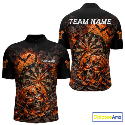 Custom Skull Pumpkin Darts Polo 1/4-Zip Shirt For Men Spooky Halloween Darts Tournament Jersey NYN4854