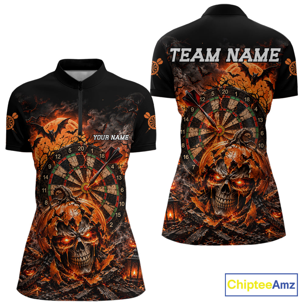 Custom Skull Pumpkin Darts Polo 1/4-Zip Shirt For Women Spooky Halloween Darts Tournament Jersey NYN4854