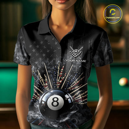 US Flag Grey Smoke Skull Bone 8 Ball Women Billiards Shirt Personalized Pool Balls Billiard Team Names NYN2688