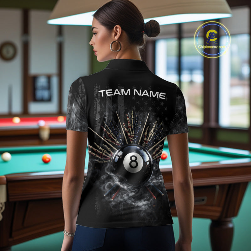 US Flag Grey Smoke Skull Bone 8 Ball Women Billiards Shirt Personalized Pool Balls Billiard Team Names NYN2688