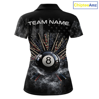 US Flag Grey Smoke Skull Bone 8 Ball Women Billiards Shirt Personalized Pool Balls Billiard Team Names NYN2688