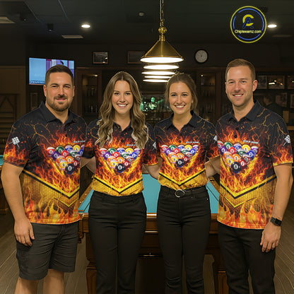 Yellow Flames Hexagon Pool Ball Set Billiards Shirt For Women Personalized Pool Balls 8 Billiard Attire NYN2690