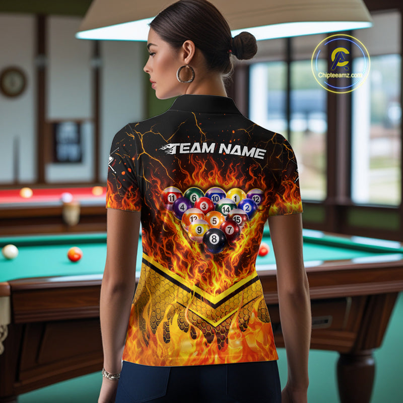 Yellow Flames Hexagon Pool Ball Set Billiards Shirt For Women Personalized Pool Balls 8 Billiard Attire NYN2690