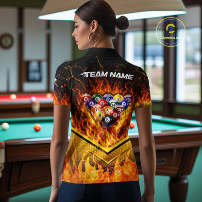 Yellow Flames Hexagon Pool Ball Set Billiards Shirt For Women Personalized Pool Balls 8 Billiard Attire NYN2690