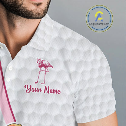 Funny Flamingo Mens Golf Polo Shirt Custom Pink And Purple Monstera Pattern White Golf Shirts NYN2841