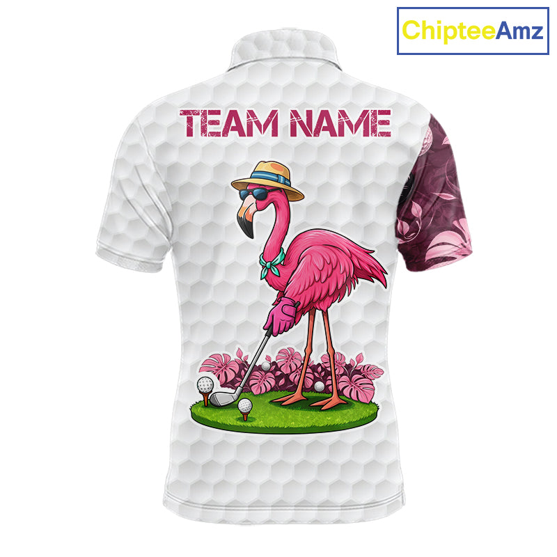 Funny Flamingo Mens Golf Polo Shirt Custom Pink And Purple Monstera Pattern White Golf Shirts NYN2841