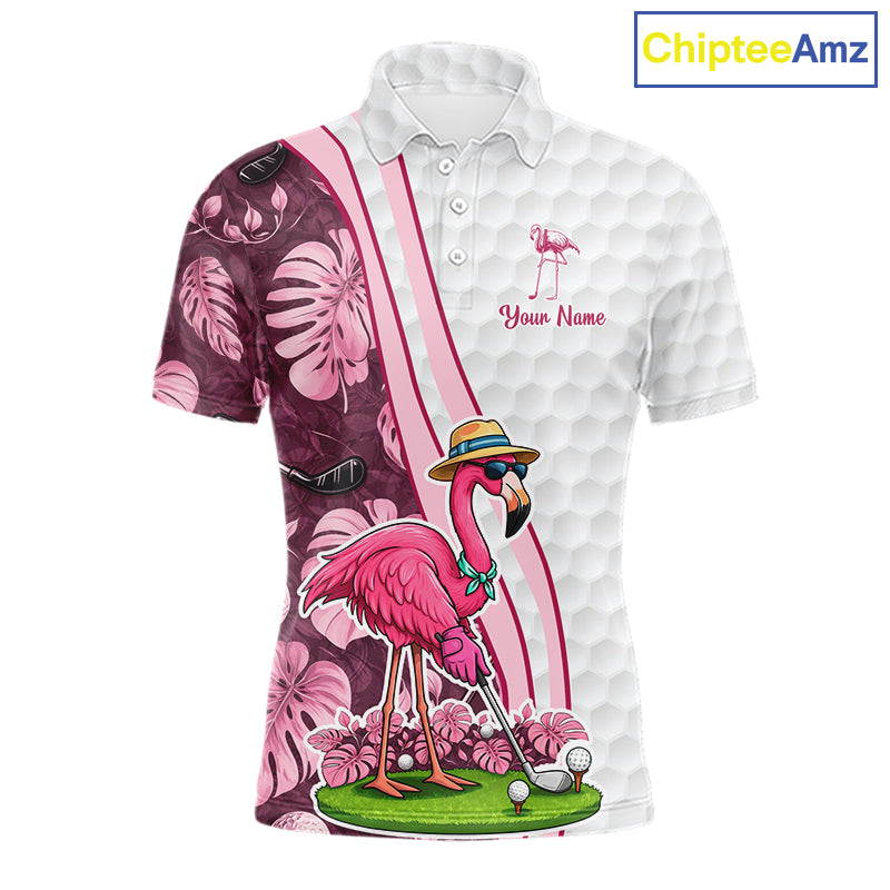 Funny Flamingo Mens Golf Polo Shirt Custom Pink And Purple Monstera Pattern White Golf Shirts NYN2841