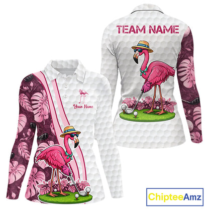 Funny Flamingo Womens Golf Polo Shirt Custom Pink And Purple Monstera Pattern White Golf Shirts NYN2841