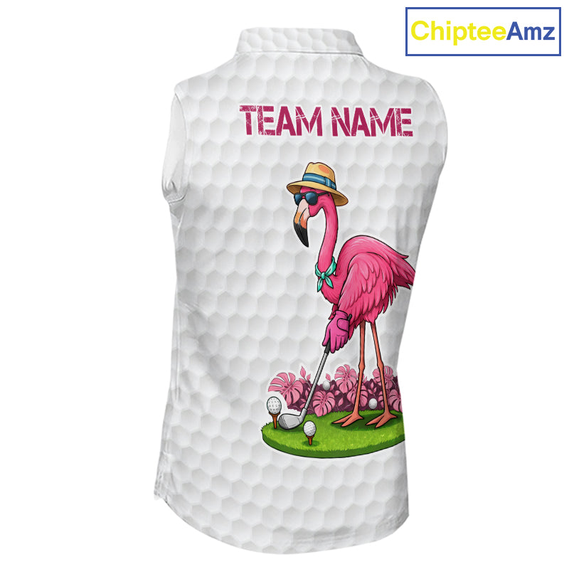 Funny Flamingo Womens Golf Sleeveless Polo Shirt Custom Pink And Purple Monstera Pattern White Golf Shirts NYN2841