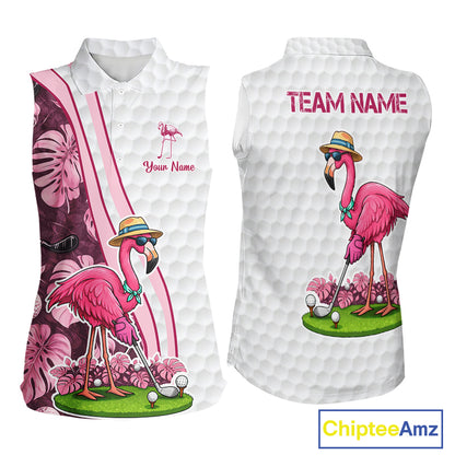 Funny Flamingo Womens Golf Sleeveless Polo Shirt Custom Pink And Purple Monstera Pattern White Golf Shirts NYN2841