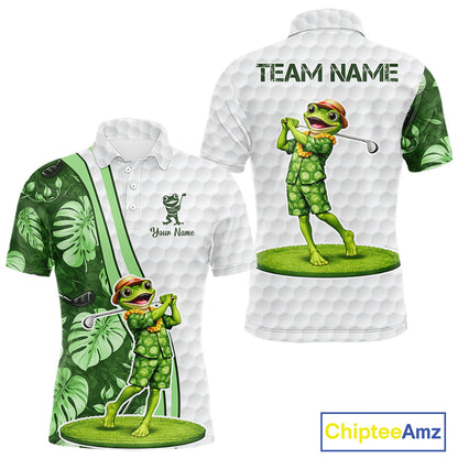 Funny Frog Golf Polo Shirt Custom Green Monstera Pattern White Golf Attire For Men NYN2842