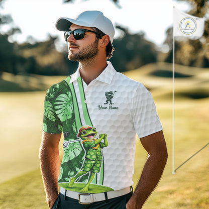 Funny Frog Golf Polo Shirt Custom Green Monstera Pattern White Golf Attire For Men NYN2842