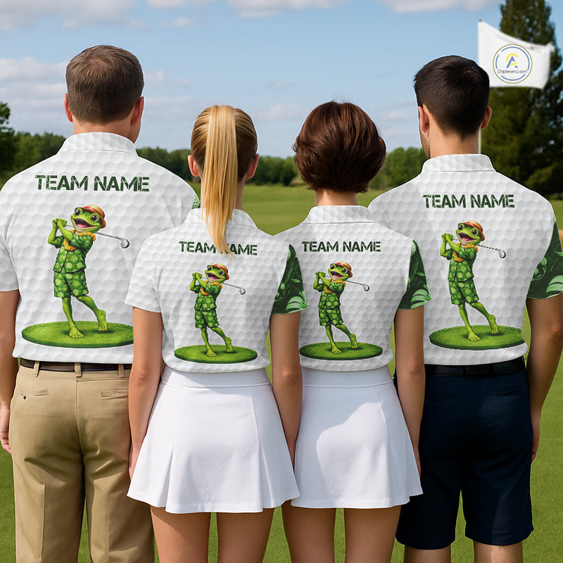 Funny Frog Golf Polo Shirt Custom Green Monstera Pattern White Golf Attire For Men NYN2842