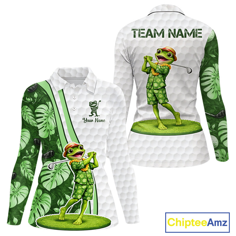 Funny Frog Golf Polo Shirt Custom Green Monstera Pattern White Golf Attire For Women NYN2842