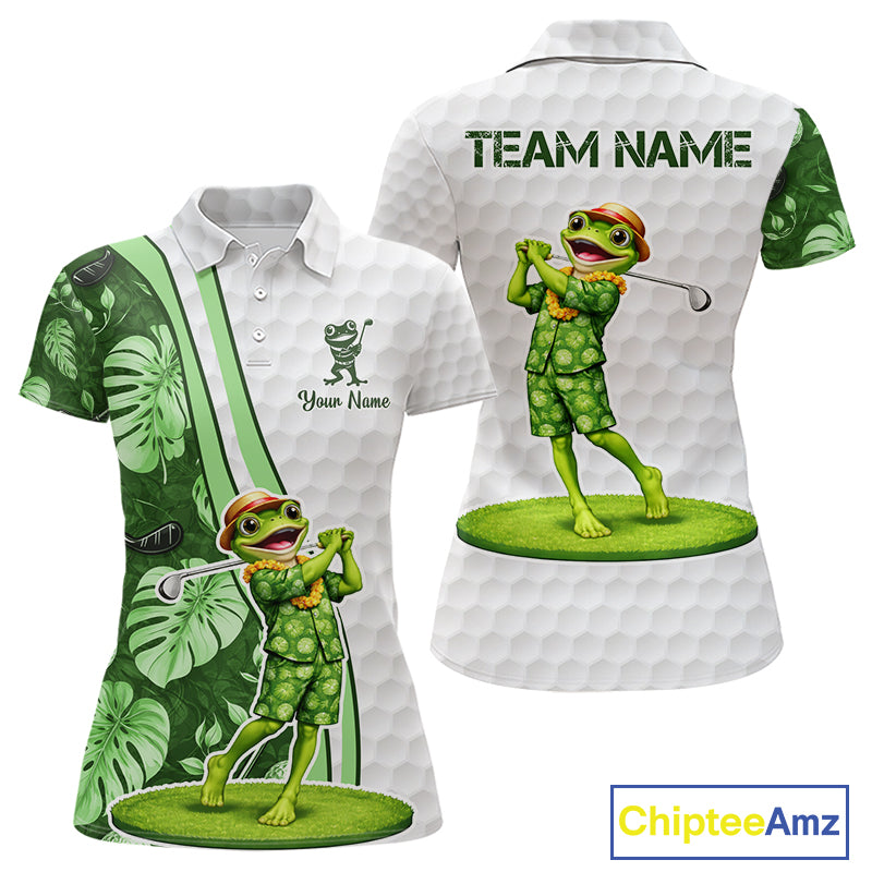 Funny Frog Golf Polo Shirt Custom Green Monstera Pattern White Golf Attire For Women NYN2842