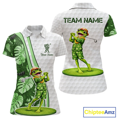 Funny Frog Golf Polo Shirt Custom Green Monstera Pattern White Golf Attire For Women NYN2842