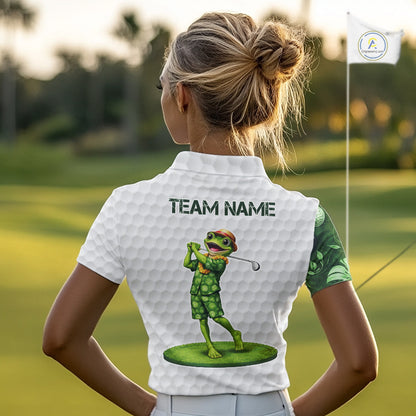 Funny Frog Golf Polo Shirt Custom Green Monstera Pattern White Golf Attire For Women NYN2842