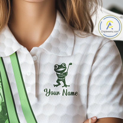 Funny Frog Golf Polo Shirt Custom Green Monstera Pattern White Golf Attire For Women NYN2842