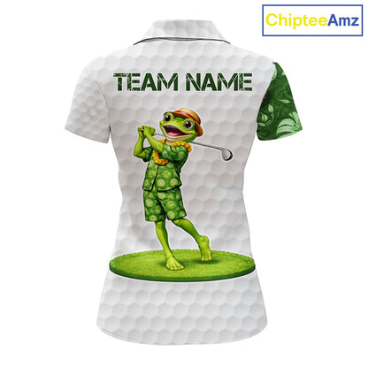 Funny Frog Golf Polo Shirt Custom Green Monstera Pattern White Golf Attire For Women NYN2842