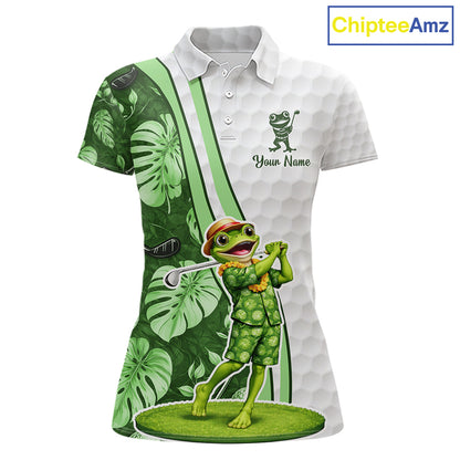 Funny Frog Golf Polo Shirt Custom Green Monstera Pattern White Golf Attire For Women NYN2842