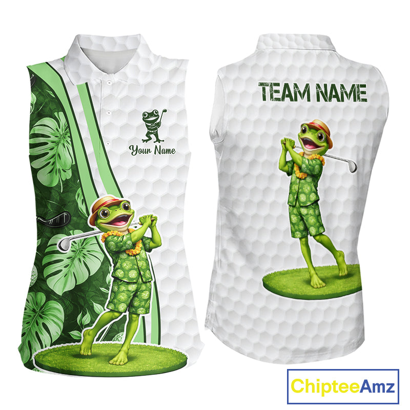 Funny Frog Golf Sleeveless Polo Shirt Custom Green Monstera Pattern White Golf Attire For Women NYN2842