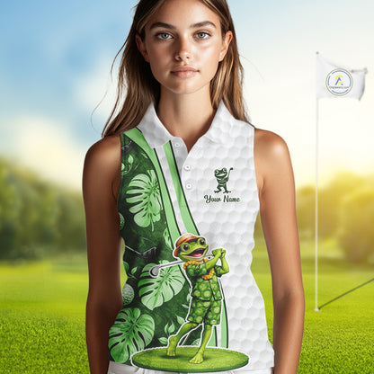 Funny Frog Golf Sleeveless Polo Shirt Custom Green Monstera Pattern White Golf Attire For Women NYN2842