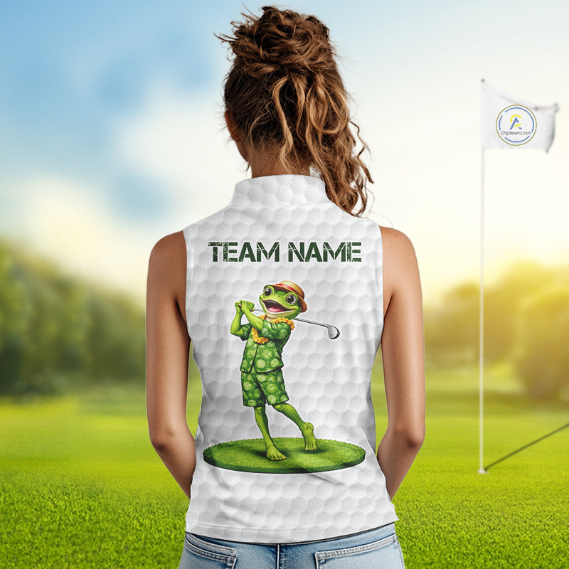 Funny Frog Golf Sleeveless Polo Shirt Custom Green Monstera Pattern White Golf Attire For Women NYN2842